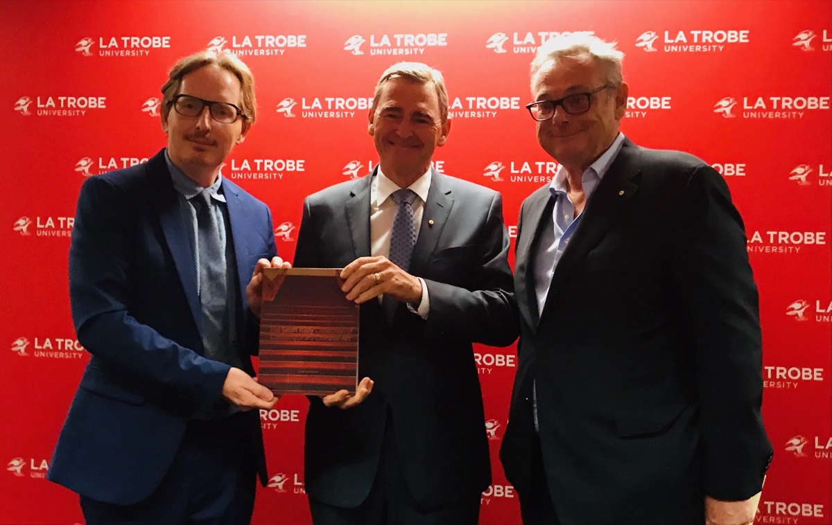 Dr Damian Smith, John Brumby AO, Chancellor of La Trobe University, and Dr Geoff Raby AO at the presentation of the Geoff Raby Collection to La Trobe University, 2019