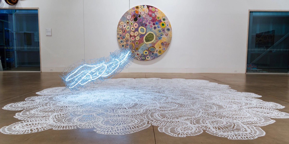 Foreground: Hannah Quinlivan, Salt, 2017; rear: Nancy and May Chapman, Minyipuru at Pangkal, 2016